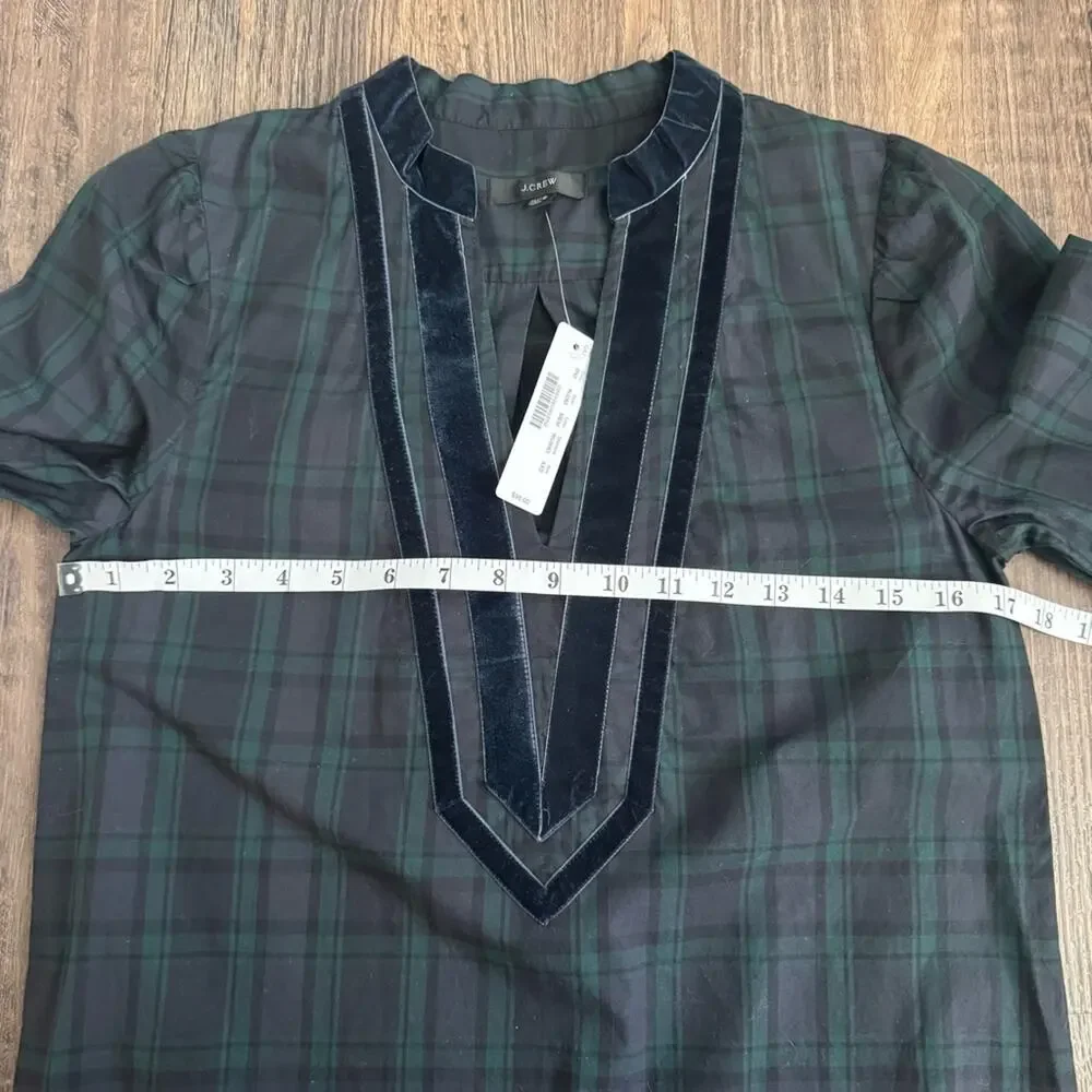 J.Crew Velvet Trimmed V-Neck Tunic in Black Watch Tartan Print Size XXS